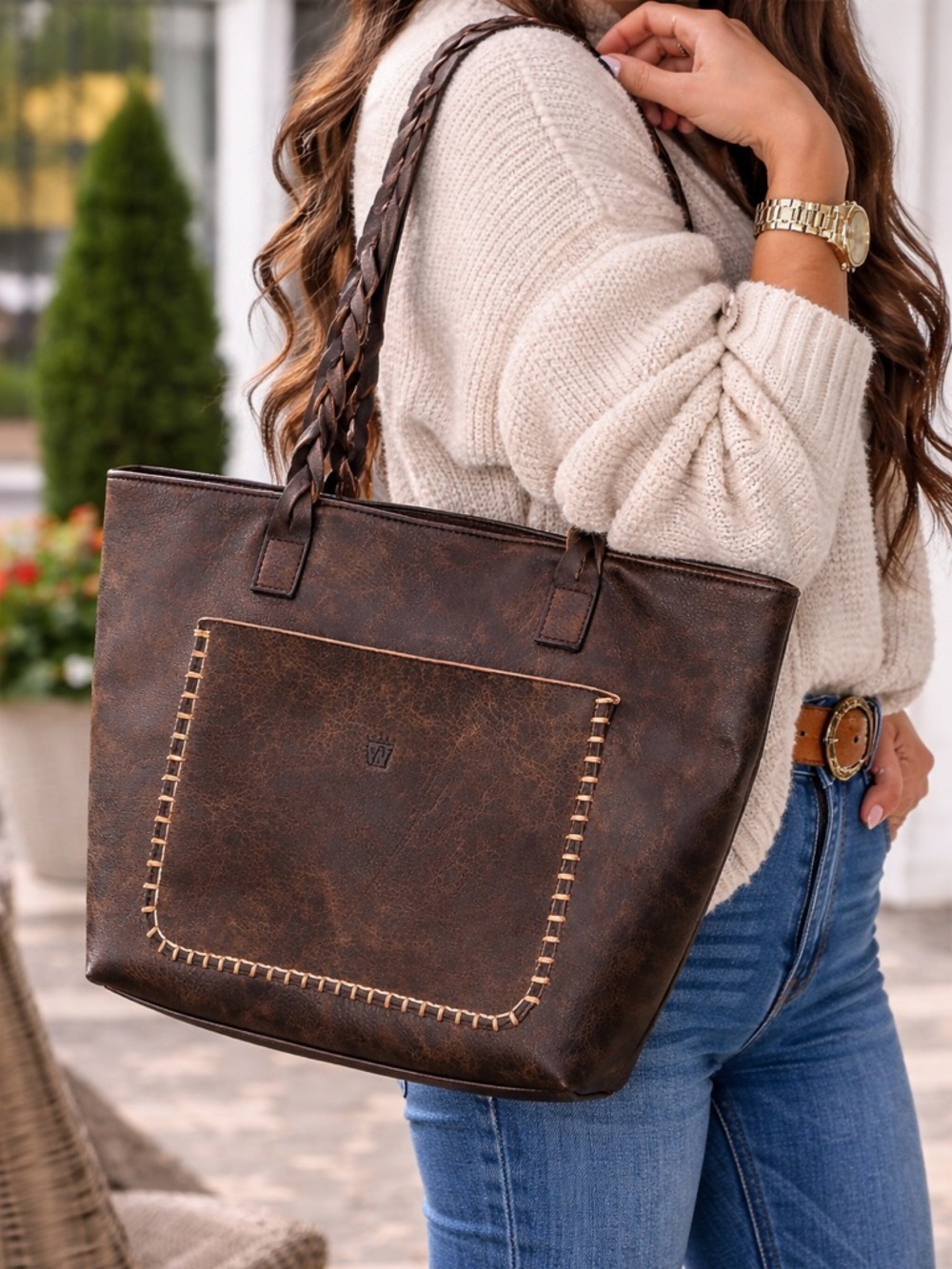 Distressed Brown Leather Tote Bag Braided Strap Whipstitch Boho Western